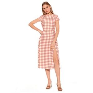 Alexia Admor Women Gingham Pink White Midi Dress XS Flared Hem Cottagecore Retro